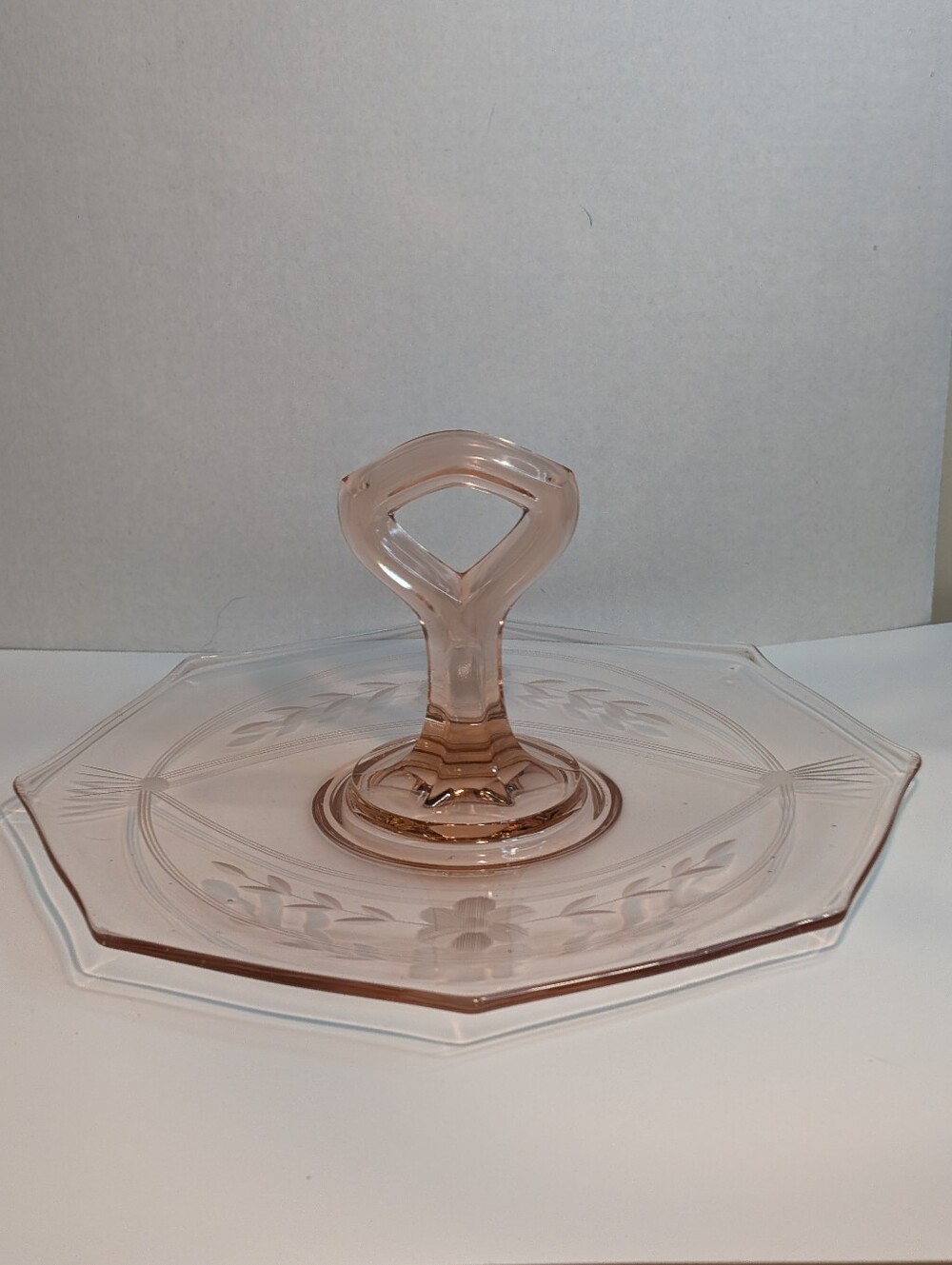 Depression glass tray with center handle pink floral etched octagon vintage